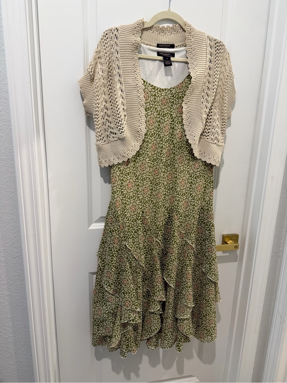 Signature by Robbie Bee Patterned Tiered Ruffle Dress with Cream Knit Shrug